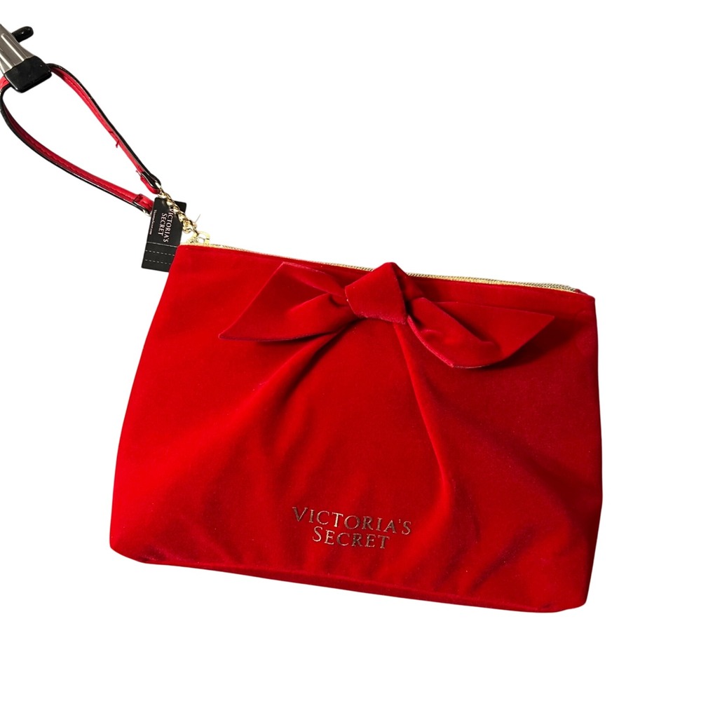 Victoria's‎ Secret Velvet Bow Clutch Wristlet Glam Makeup Bag Red